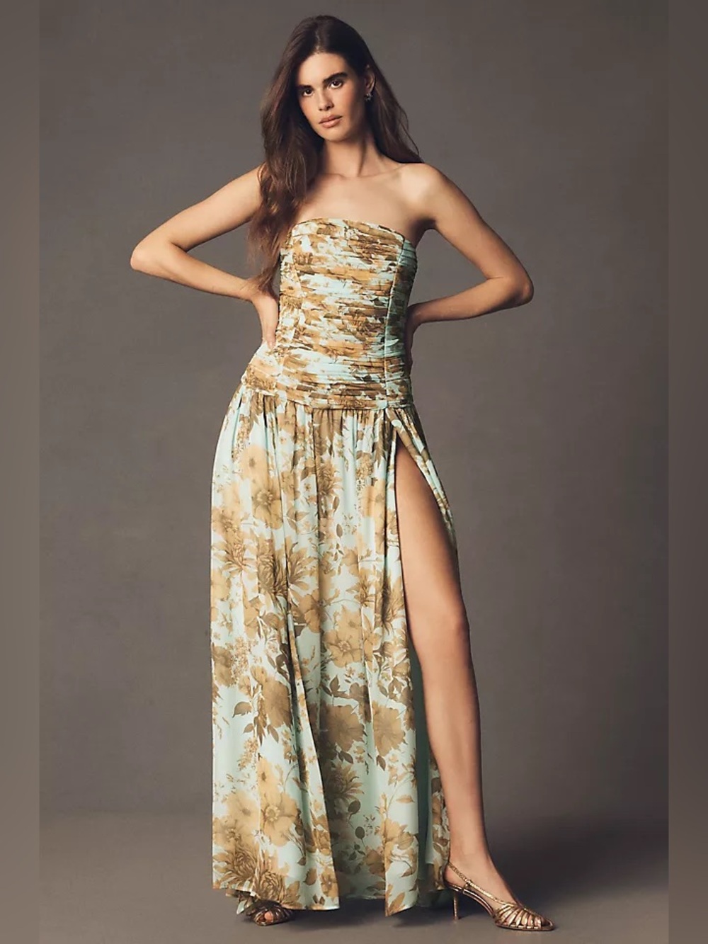 Anthropologie BHLDN Strapless Ruched Chiffon A Line Maxi Dress Blue Tan‎ Size 4